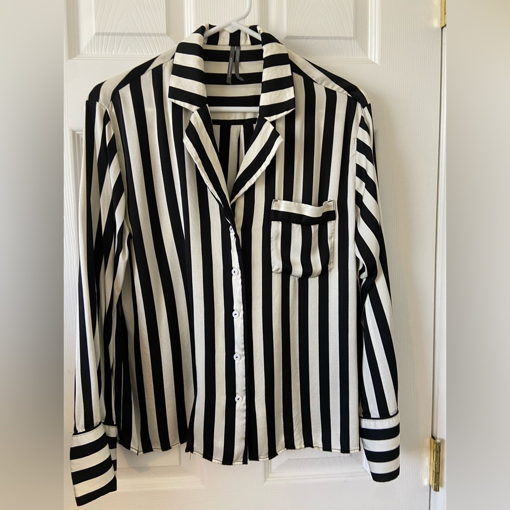 Anthropologie Black and White Stripe Button-Up silk blouse